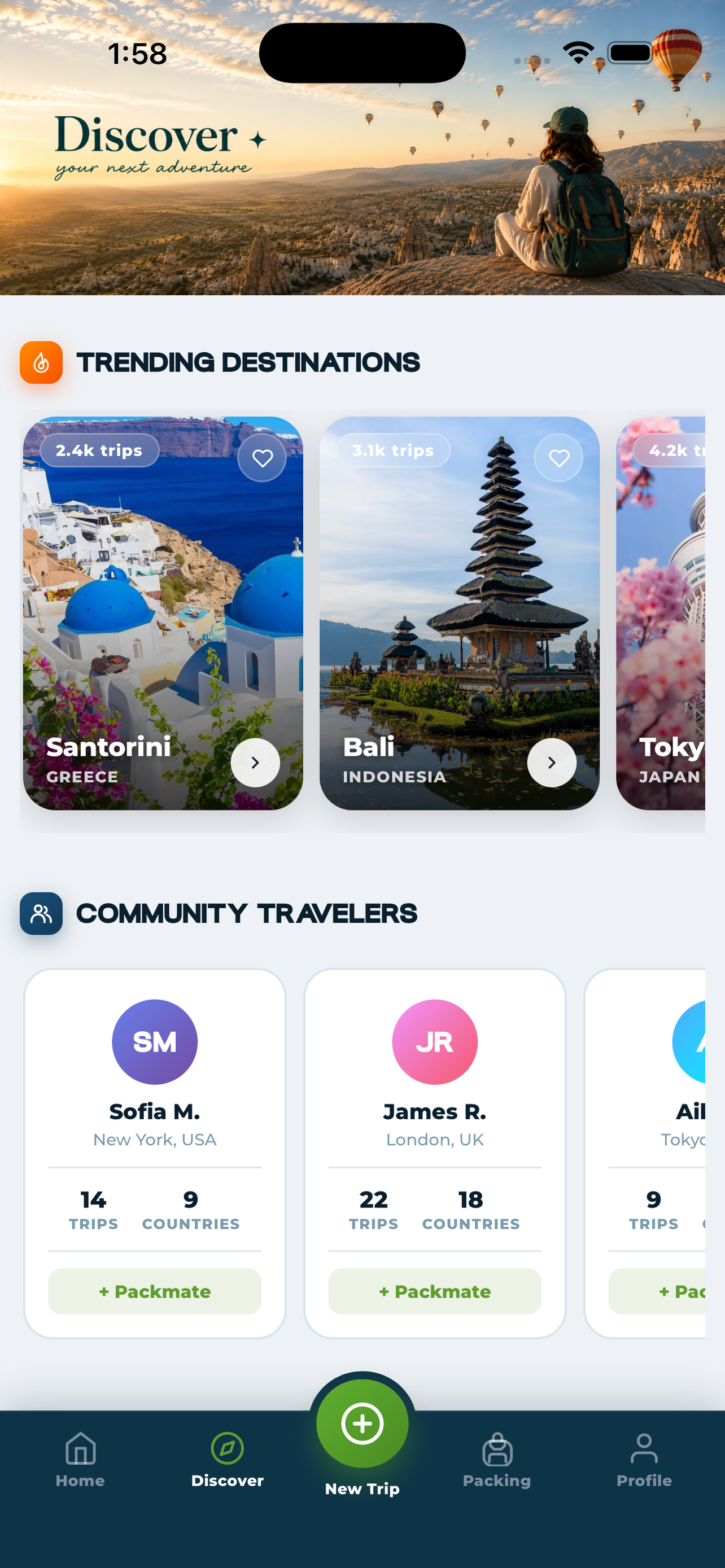 Discover destinations screen