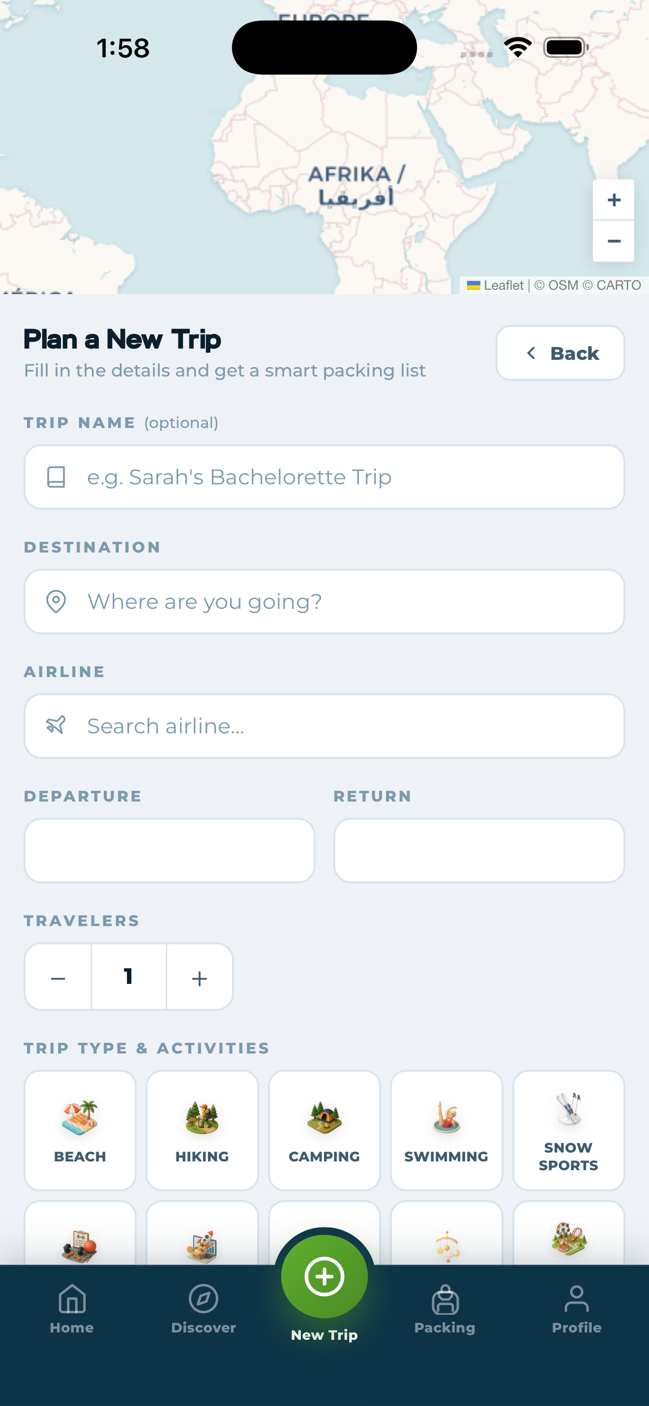 Add your trip screen