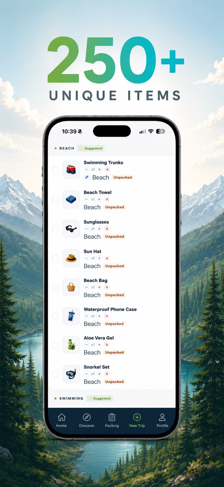 Packmates AI showing a beach packing checklist pulled from its 250+ item database