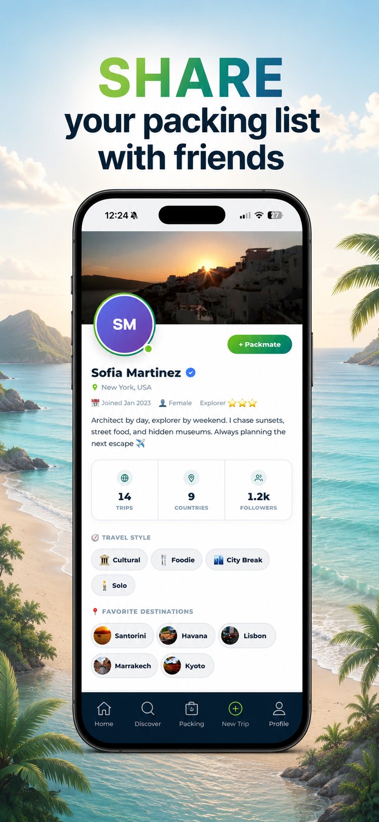 Packmates AI profile screen showing trips and packing lists shared with friends