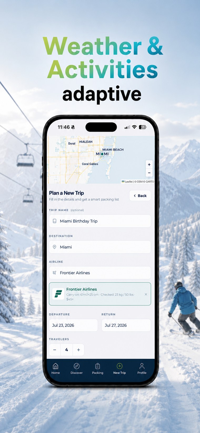 Packmates AI new trip screen building a checklist around real weather and activities