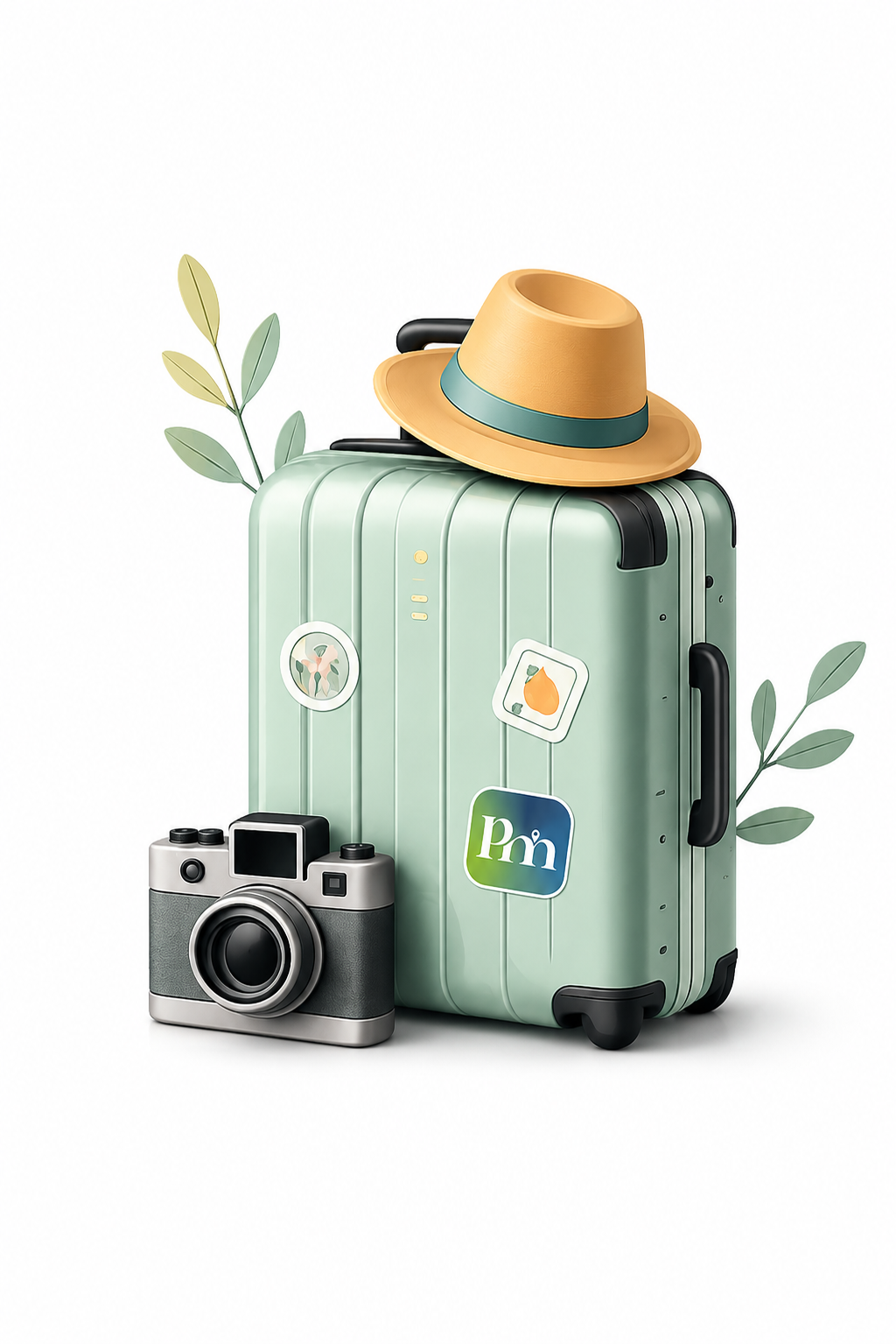 Illustration of a packed suitcase with a Packmates AI sticker, hat, and camera
