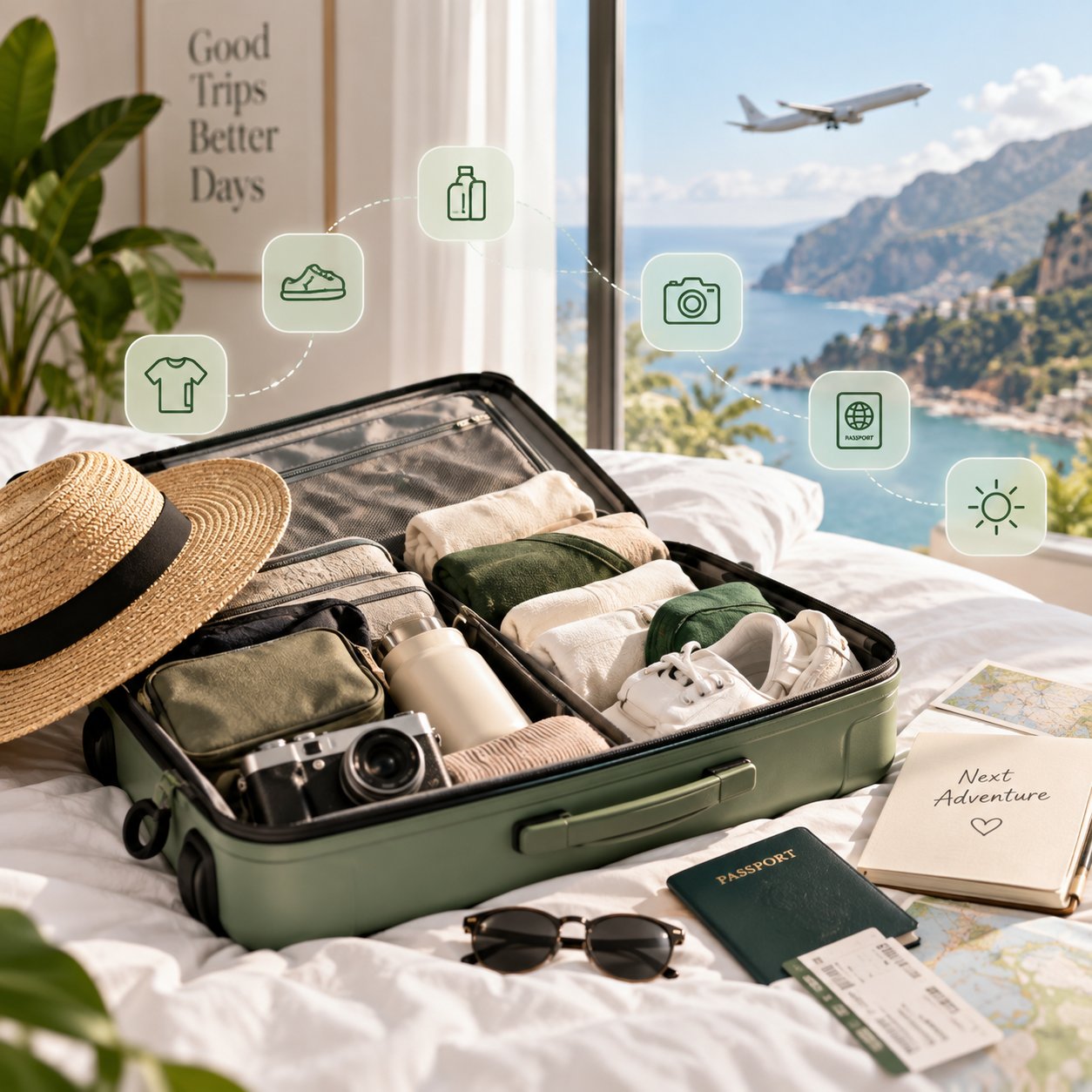 Open suitcase packed with rolled clothes, camera, and travel gear, with icons for clothing, shoes, toiletries, camera, passport, and weather connected around it