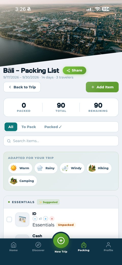 Packmates AI packing list for a 14-day Bali trip, adapted for warm, rainy, windy, hiking, and camping conditions