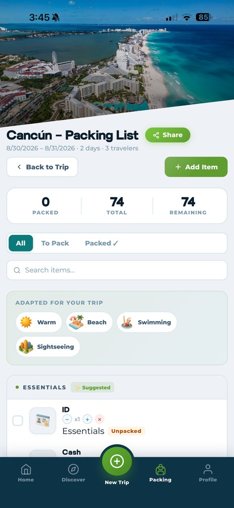 Packmates AI packing list for a 2-day Cancún trip, adapted for warm, beach, swimming, and sightseeing conditions