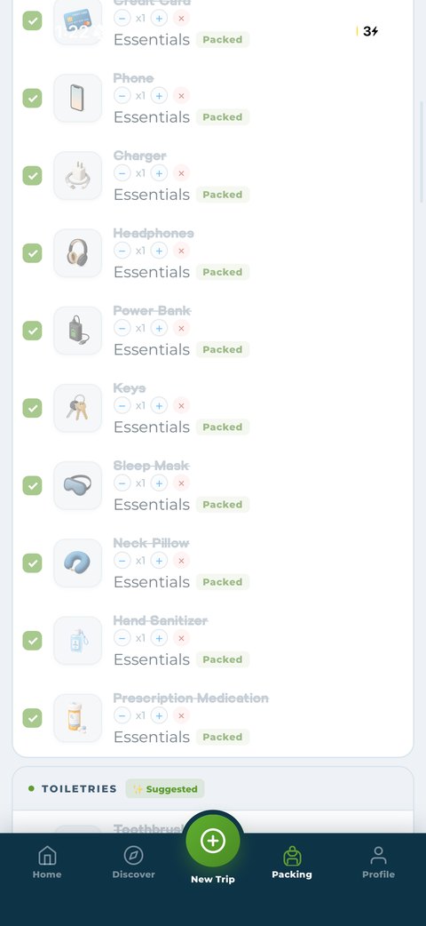 Packmates AI checklist with essentials checked off and toiletries still to pack