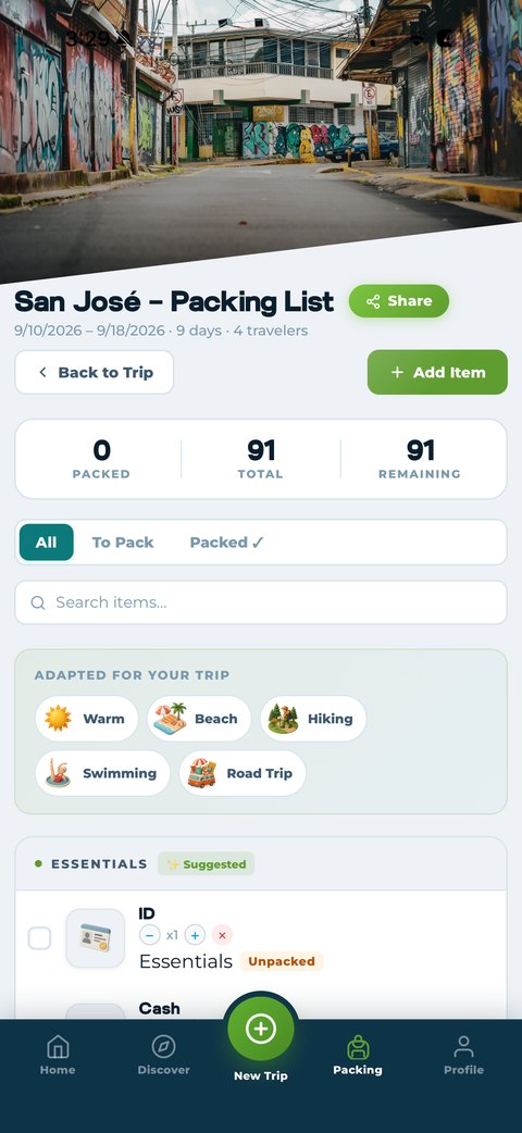Packmates AI packing list for a 9-day San José trip with 4 travelers, adapted for warm, beach, hiking, swimming, and road trip conditions