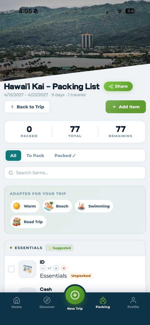 Packmates AI packing list for a 9-day solo Hawai'i Kai trip, adapted for warm, beach, swimming, and road trip conditions