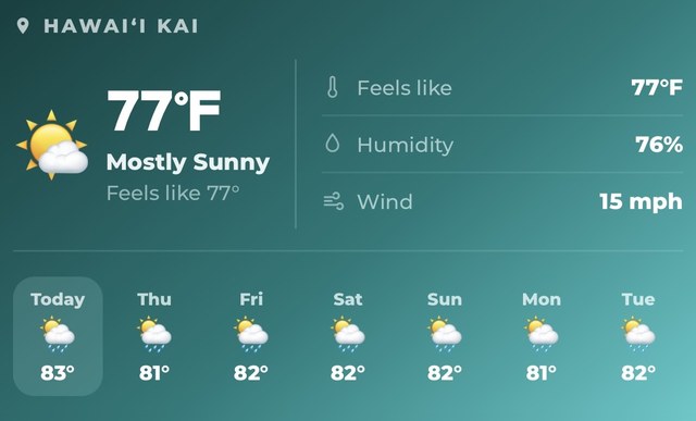 Packmates AI weather widget showing Hawai'i Kai at 77°F, mostly sunny, 76% humidity, with a week of scattered showers