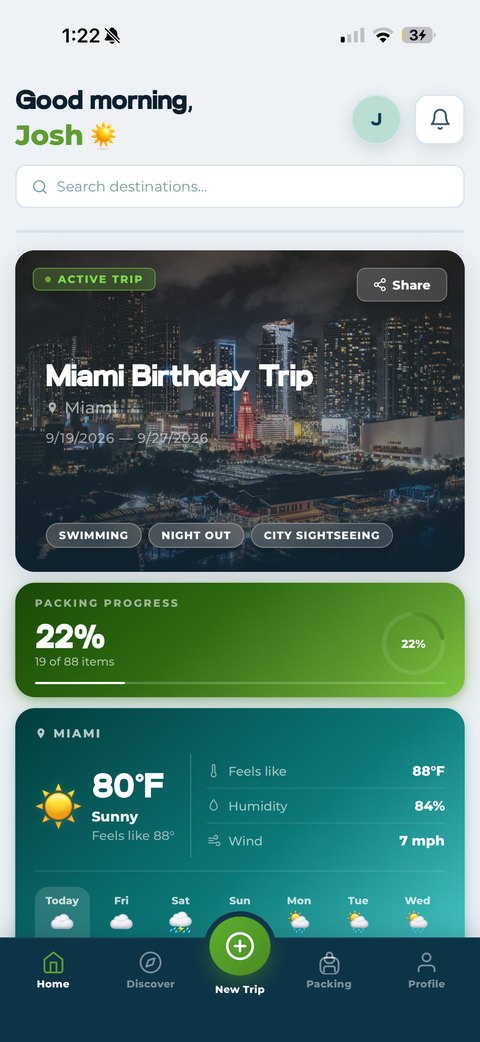 Packmates AI home screen showing an active Miami trip with real-time weather