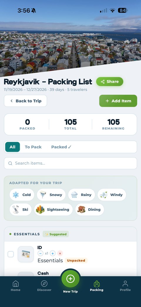 Packmates AI packing list for a 39-day Reykjavik trip, adapted for cold, snowy, rainy, windy, ski, sightseeing, and dining conditions