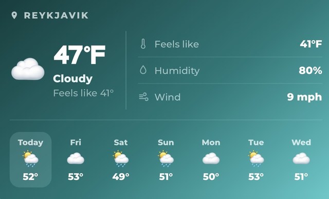 Packmates AI weather widget showing Reykjavik at 47°F, feels like 41°F, 80% humidity, with a week of clouds and scattered rain