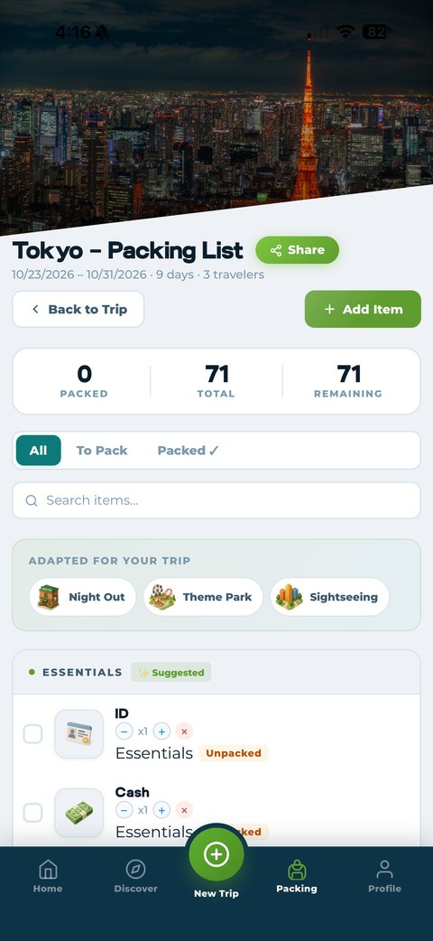 Packmates AI packing list for a 9-day Tokyo trip with 3 travelers, adapted for night out, theme park, and sightseeing conditions