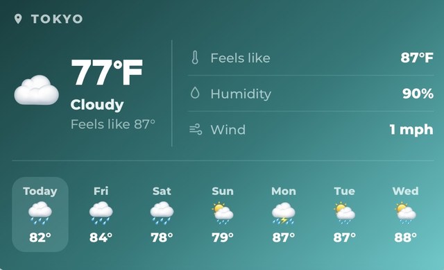 Packmates AI weather widget showing Tokyo at 77°F, feels like 87°F, 90% humidity, with a week of rain and storms