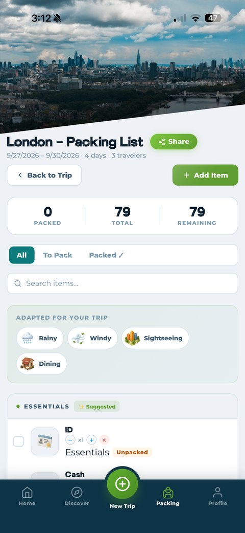Packmates AI packing list for a 4-day London trip with 3 travelers, adapted for rainy, windy, sightseeing, and dining conditions