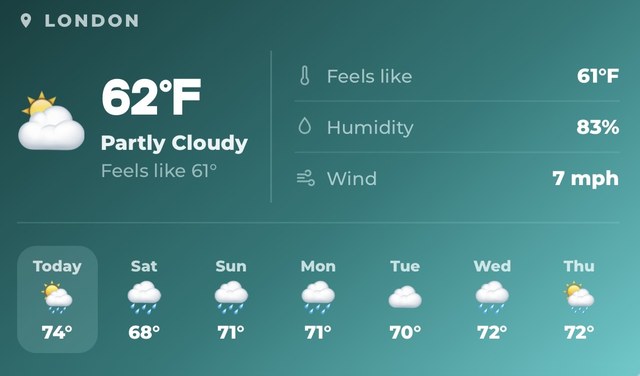 Packmates AI weather widget showing London at 62°F, partly cloudy, 83% humidity, with a week of steady rain