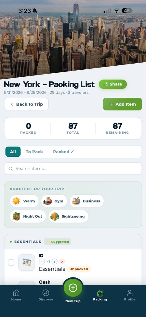 Packmates AI packing list for a 29-day New York trip with 2 travelers, adapted for warm, gym, business, night out, and sightseeing conditions