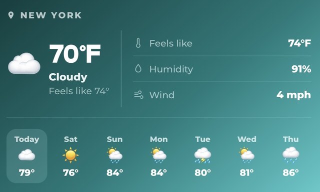 Packmates AI weather widget showing New York at 70°F, feels like 74°F, 91% humidity, with a week of sun and scattered storms