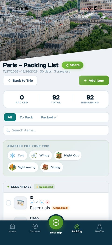 Packmates AI packing list for a 30-day Paris trip with 3 travelers, adapted for cold, windy, night out, sightseeing, and dining conditions