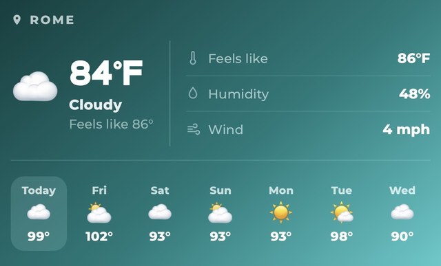 Packmates AI weather widget showing Rome at 84°F, feels like 86°F, 48% humidity, with a week climbing into the 90s and 100s