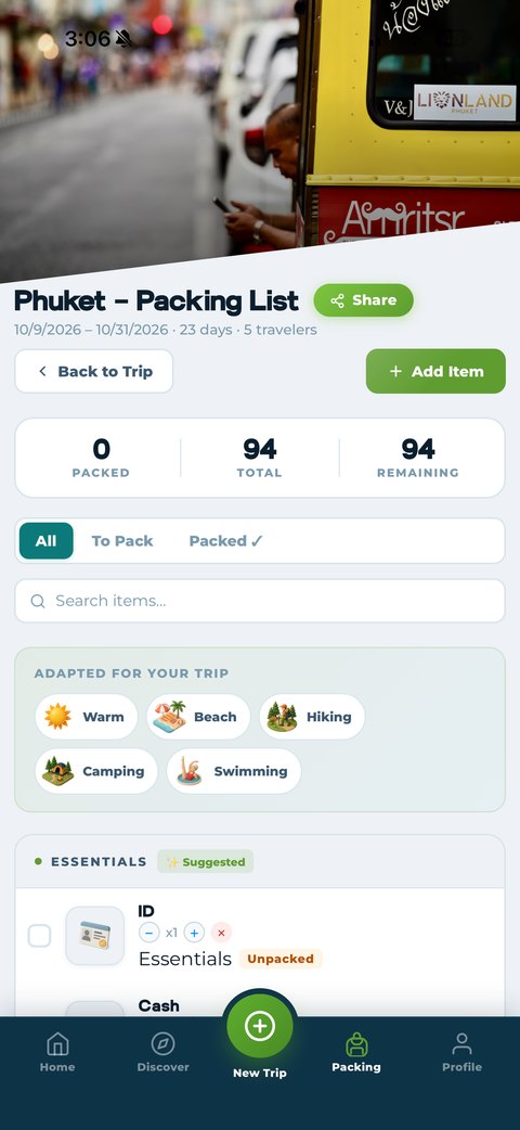 Packmates AI packing list for a 23-day Phuket trip with 5 travelers, adapted for warm, beach, hiking, camping, and swimming conditions