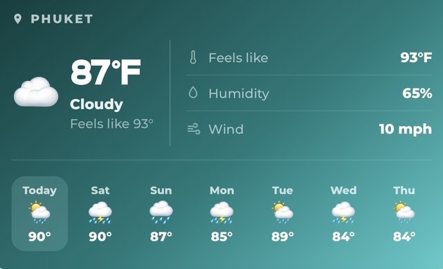 Packmates AI weather widget showing Phuket at 87°F, feels like 93°F, 65% humidity, with a week of storms and rain
